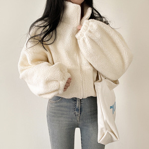 Women's Short-Length Stand Collar Warm Faux Shearling <b>Coat</b> Autumn/Winter Style Loose Zipper Cardigan <b>Top</b> Fashion - Product Image 1