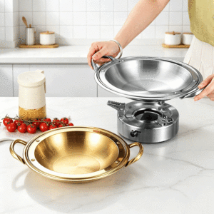 FLEY Promotion : Petite marmite à fond plat en acier inoxydable et <span class=keywords><strong>Wok</strong></span> à paella à bord large avec doubles poignées, corps épais classique, pour cuisson à sec - Product Image 3