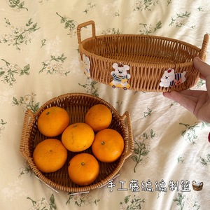 Bamboo Imitation Rattan <b>Storage</b> <b>Basket</b> Oval With Handles For Fruit Snack Food Serving Tray - Product Image 4