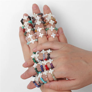 Espaciador de cabeza de gato de concha blanca Natural, piedra preciosa de cristal curativo turquesa sintética, anillos de dedo ajustables con cuentas redondas para mujer - Product Image 4