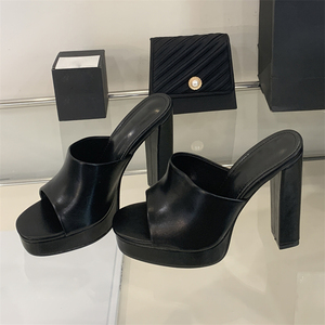 Sandales d'été 2025 pour femmes à talons hauts en cuir véritable, style mules à bout ouvert, rehaussantes, noires, à talon épais et confortables - Product Image 3