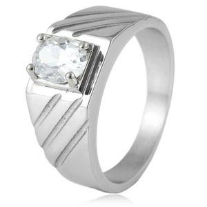 yunnique Fashion <b>Rings</b> Stainless Steel Geometric Design Prong Setting Unisex Jewelry Gift <b>Silver</b> White Stone - Product Image 1