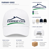Gorra de béisbol para pedidos al por mayor, de 6 paneles, con visera curva, diseño de golf, costuras planas, paquete minorista para compradores de regalos corporativos con bordado personalizado