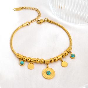 Bracelet simple en acier inoxydable avec pendentif rond en turquoise en forme de marguerite, bracelet pour femmes - Product Image 1