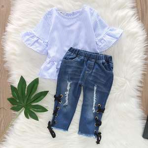 Conjunto de ropa de verano para niña, 2 piezas: Camisa a rayas con volantes y chaqueta, jeans huecos, ropa de otoño para niñas, vestido. - Product Image 1