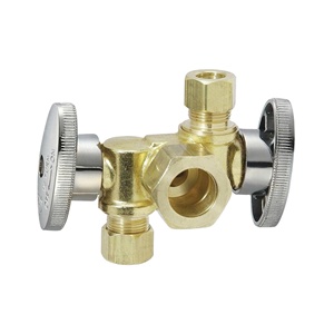 <span class=keywords><strong>Robinet</strong></span> d'arrêt d'angle à compression à double sortie 1/4 de tour sans plomb <span class=keywords><strong>avec</strong></span> deux poignées d'arrêt pour l'alimentation en eau - Product Image 1