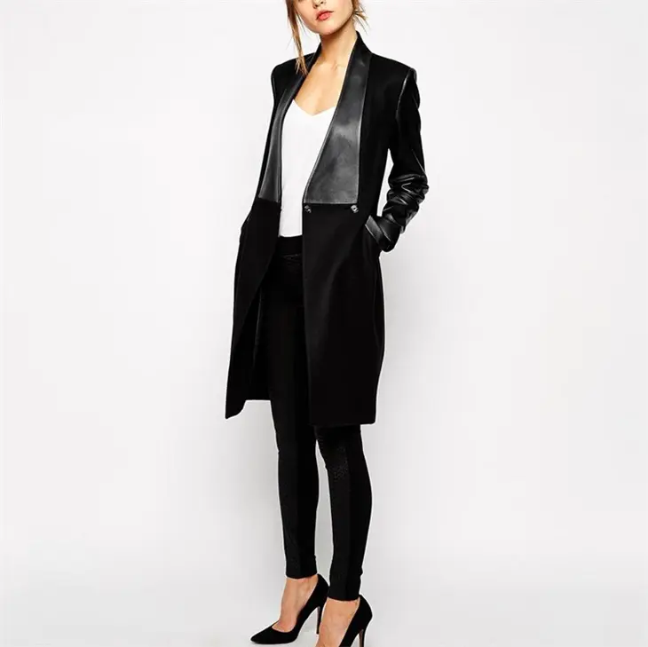 Custom Oem Winter Jacket Women European-style Women Winter Coat Black Windbreaker PU Leather Long Coat