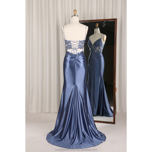 Màu Xanh Hải Quân Nàng Tiên Cá Corset Thấp Cắt Xem Thông Qua Phụ Nữ Của Prom Ăn Mặc Không Tay Phụ Nữ Sexy Sequined Eo Đàn Hồi Satin Buổi Tối Ăn Mặc - Product Image 3