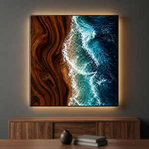 Art mural en bois grainé Océan, peinture abstraite de plage, impression décorative encadrée pour salon et bureau - Product Image 3