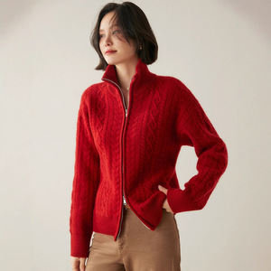 Suéter cárdigan de Cachemira de peso pesado con cuello de solapa de punto de cable con cremallera de doble cara para <span class=keywords><strong>mujer</strong></span> - Product Image 2