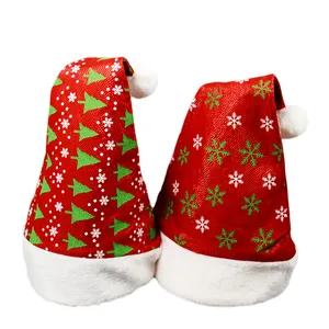 Wholesale Custom Linen Christmas Hats Burlap Santa Claus Hat Snowflakes Printing Xmas Cap For Adult