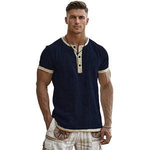 <b>Men's</b> Navy Slim Fit <b>Henley</b> T <b>Shirt</b> Short Sleeve V Neck Contrast Trim Button Solid Tee - Product Image 1