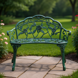 Banc de patio en aluminium coulé vert antique à motif de roses, mobilier d'extérieur, chaise de véranda - Product Image 2