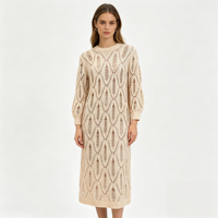 Robe longue en maille bleue Holly Midi personnalisée OEM & ODM de haute qualité pour femme, à manches longues, style pointelle, pour le loisir, vente en gros