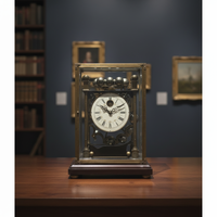 Horloge de table à mouvement mécanique en laiton antique français, à gravité, à boule tombante visible, avec plateforme d'échappement et base standard