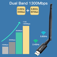 Dongle Wifi 802.11ac, adaptor WiFi 1300Mbps untuk Desktop Laptop PC mendukung Windows 10 Driver gratis