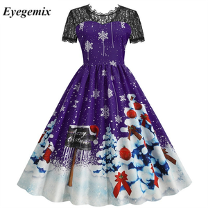 Abito da donna a maniche corte in pizzo con fiocco di neve stampa a vita alta elegante 1950s Vintage inverno <span class=keywords><strong>vestiti</strong></span> da festa di natale - Product Image 6