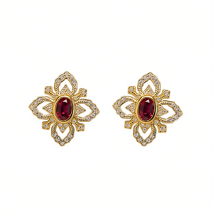 Orecchini a perno vintage placcati oro con rubino, design floreale, montatura a castone, gioielli da festa da donna, orecchini alla moda in lega - Product Image 1