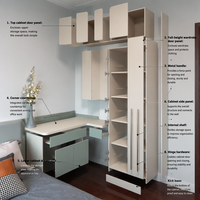 Armoire d'angle minimaliste avec coiffeuse intégrée, tiroirs et étagères beiges pour chambre à coucher