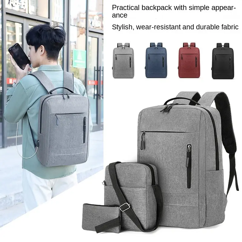 Vente en gros chaude Usb charge sac à dos Oxford tissu couture livre d'affaires sac d'ordinateur trois ensembles de sac à bandoulière