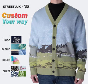 WR Custom High Quality Cashmere Trendy Landscape Button up Patched Pocket Fancy Knit <b>Men</b> <b>Cardigan</b> Sweater - Product Image 1