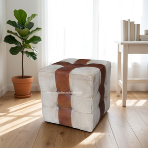 Pouf ottoman moderne en cuir souple fait main, toile et tissus d'ameublement, avec un design antique, meubles de luxe pour la maison en provenance du Rajasthan - Product Image 5
