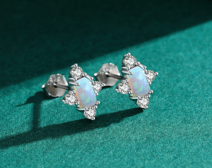 925 Silver <b>Opal</b> Stud <b>Earrings</b> With Round Diamond Claw Setting Geometric Classic Women's Everyday Wear - Product Image 5