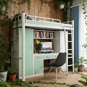 Компактная металлическая двухъярусная кровать с письменным столом и шкафом, идеально подходит для спальни подростка или комнаты в общежитии - Product Image 2