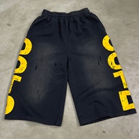 SEMETAL Short de survêtement pour homme, imprimé personnalisé, coupe oversize, longueur genou, déchiré, effet usé, délavé à l'acide, style baggy 3/4 pour la course