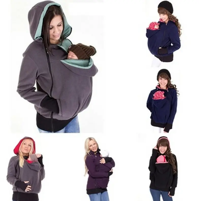 Women's Zip Up Maternity Baby Wearing Carrier Hoodie Sweatshirt Nursing Kangaroo Jacket Pullover Maternity Outerwear