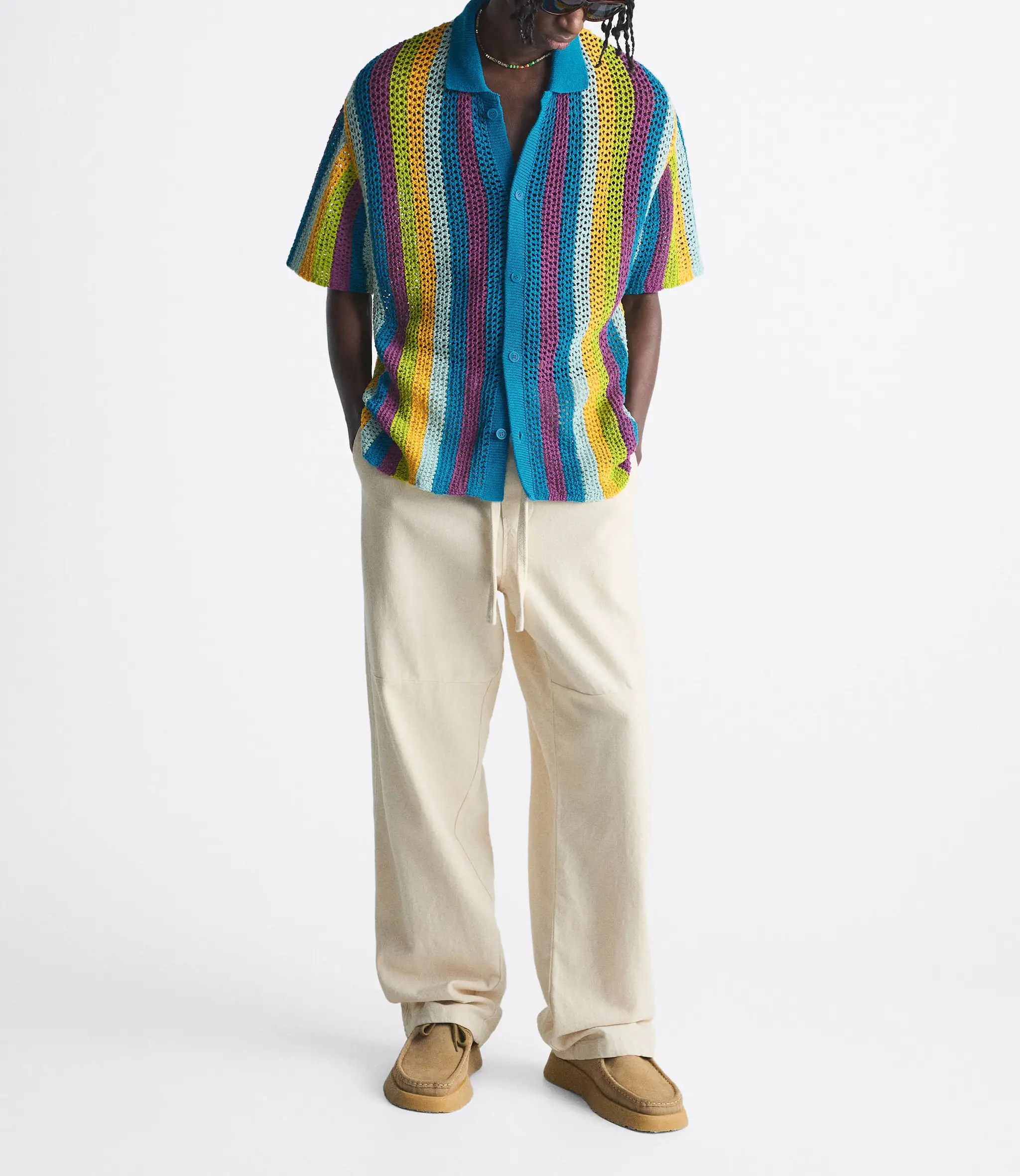 Camisa polo de malha de crochê com listra multicoloridas para homens, suéter de manga curta intarsia personalizado personalizado oem odm primavera verão