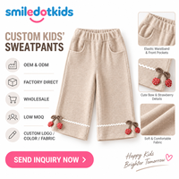 Smiledotkids Pantalons de survêtement personnalisés pour enfants, beige, avec nœud cerise et dentelle, coupe large, OEM ODM, pour petites filles, vente en gros
