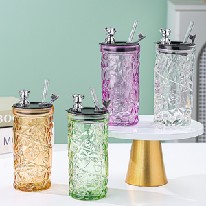 Hete Hamervormige Heldergroene Glazen Bekermokken 400Ml Tumbler Helderbruine Glazen Waterflessen Met Stro En Schattige Berendeksels - Product Image 3