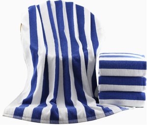Asciugamano da Spiaggia in Cotone 100% Ecologico per Adulti, Blu e Bianco a Righe Cabana, Asciugatura Rapida, Logo Personalizzato, per Piscina, Bagno, Negozi al Dettaglio - Product Image 1