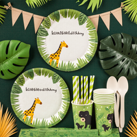 Safari Animaux Fournitures De Fête D'anniversaire Ensemble De Vaisselle Jetable Assiettes En Papier Tasses Serviettes
