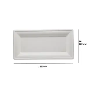 <span class=keywords><strong>Assiette</strong></span> <span class=keywords><strong>rectangulaire</strong></span> en bagasse <span class=keywords><strong>blanche</strong></span> sans PFAS 10x5 pouces (260x130mm) compostable, résistante à l'huile, vente en gros - Product Image 2