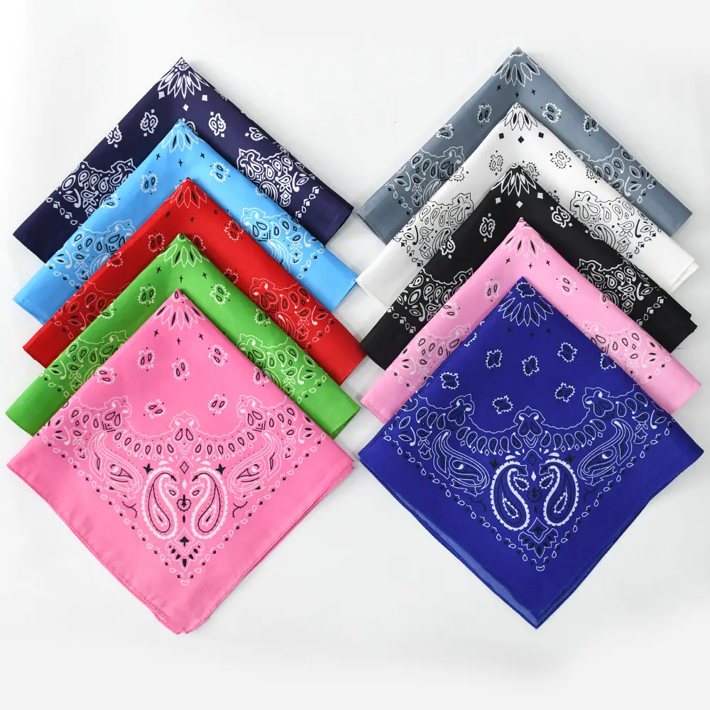 100% Polyester Bandanna açık şapkalar spor atkı boyun bandı Polyester Paisley desen kare bandanalar