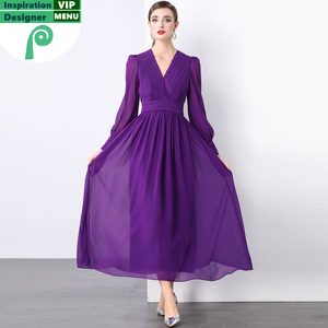 Robe longue élégante pour femme, prête à être expédiée, jupe plissée violette tendance, manches longues, col en V, pour les soirées. - Product Image 3