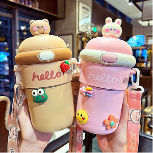 Huyo 500ml Cup Strap Water <b>Bottle</b> Large Capacity Portable with Lid Straw Cartoon Stickers Back to School - Product Image 2