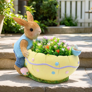 Statue en résine de lapin assis sur un champignon avec un bol en coquille d'œuf, décoration de jardin féerique, décoration de forêt fantaisiste, idéale comme pot de fleurs de bureau - Product Image 1