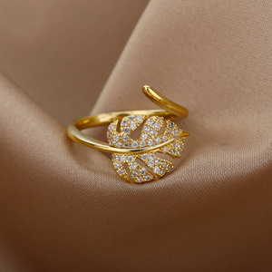 Go Party-Anillo de Hojas de cobre chapado en oro de 18K para mujer, sortija ajustable abierta, joyería elegante, circón dorado - Product Image 6