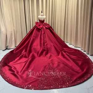 Robe de bal Mc050 bordeaux en satin, longueur ras du sol, avec décolleté cœur, ornée de perles et de sequins, dos orné d'un nœud, traîne chapelle et soutien-gorge intégré - Product Image 4