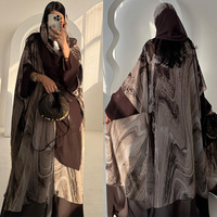 Abaya musulmane de luxe sur mesure en gros à Dubaï 2025, imprimé marbre brun, pour femmes, avec hijab assorti, robe ample et modeste