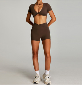 Women Breathable Twist Front Deep V Crop Yoga Top Hollow Back Short Sleeve Built Padded <b>Bra</b> Workout Sports Tee - Product Image 3