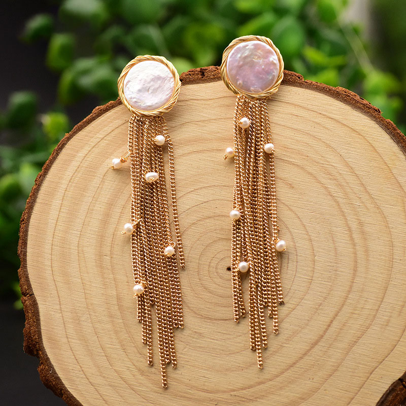 GE0656-1 Flat Pearl Tassel Stud Earrings