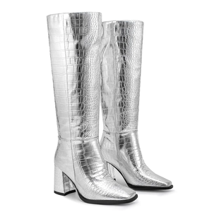 Silver Braid Grid Women Knee High <b>Boots</b> Chunky Heels Stone Prints Shoes on Wide Fit Square Toe Long <b>Boots</b> - Product Image 5