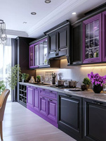 Meuble de cuisine noir de luxe gothique, îlot violet sur mesure, zone de cuisson modulaire en bois massif, design de mobilier royal