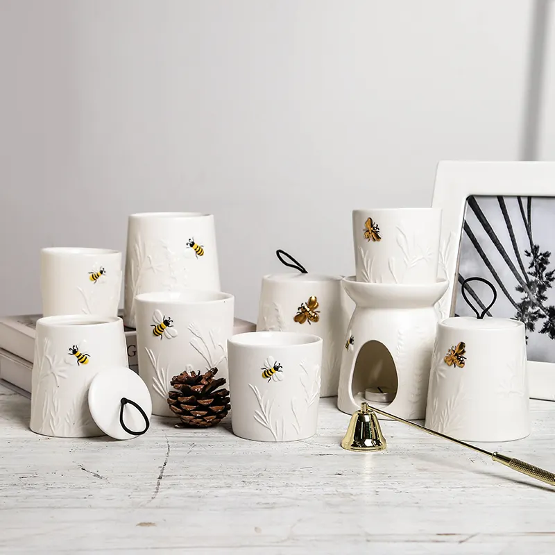 Diseño único, venta al por mayor, recipientes de cerámica para velas, tarro creativo para velas de abeja con tapa en portavelas a granel