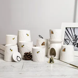 独特设计批发陶瓷蜡烛容器创意蜜蜂蜡烛罐，散装烛台带盖