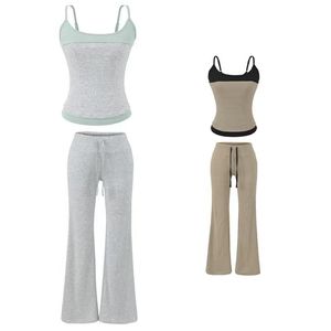 ชุดเสื้อกล้ามถักลายทางลำลองสำหรับฤดูร้อนของผู้หญิง กางเกงขายาวรัดเอว เสื้อทรงเข้ารูปหลวมๆ ทรงตรง ผ้าเนื้อดี สีพื้น - Product Image 1